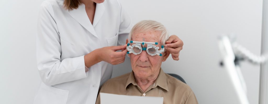 Homem idoso consultando sua oftalmologista sobre a cirurgia de catarata em pacientes com glaucoma.