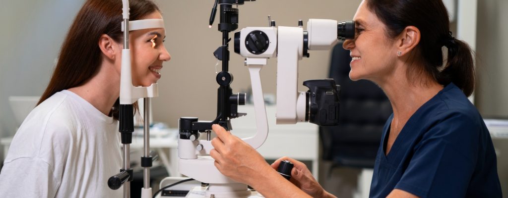 Mulher jovem consultando uma oftalmologista. Imagem ilustrativa sobre cirurgia de catarata em jovens.